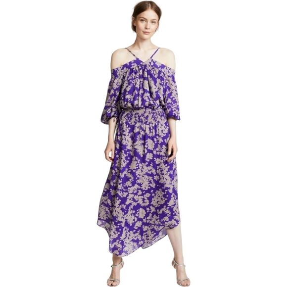 Ramy Brook Manuela dress silk cold shoulder purple floral boho M - Picture 3 of 14